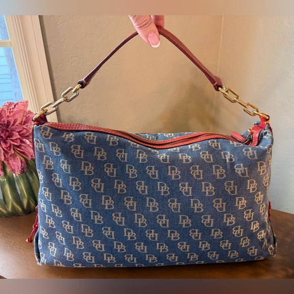 Dooney & Bourke Vintage Blue Denim Signature Monogram w/ Red LeatherShoulder Bag - Picture 2 of 16
